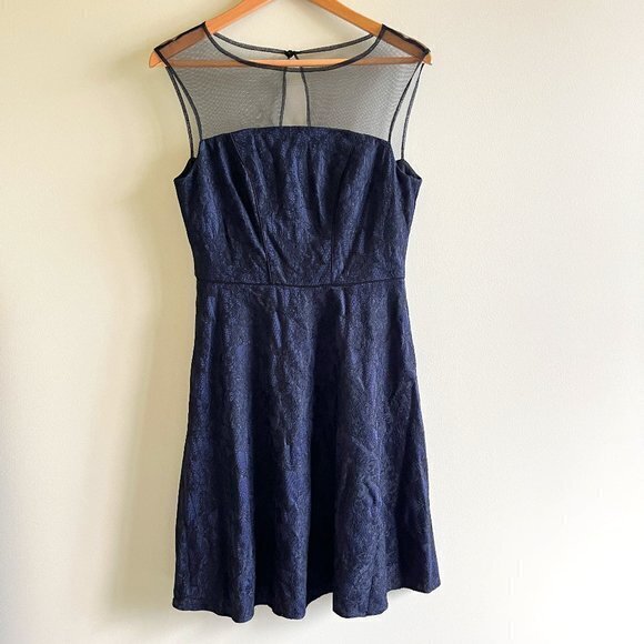 Adrianna Papell Dresses & Skirts - Adrianna Papell Navy Blue‎ Lace Dress Illusion Yoke Skater Sleeveless Wom…